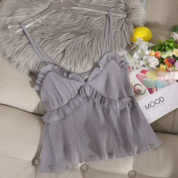 Stílusos női felső vékony pántokkal és fürtökkel sárga, szürke, bézs, szürke és fekete színben