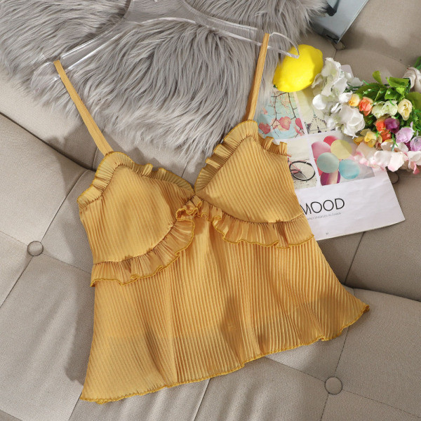 Stílusos női felső vékony pántokkal és fürtökkel sárga, szürke, bézs, szürke és fekete színben