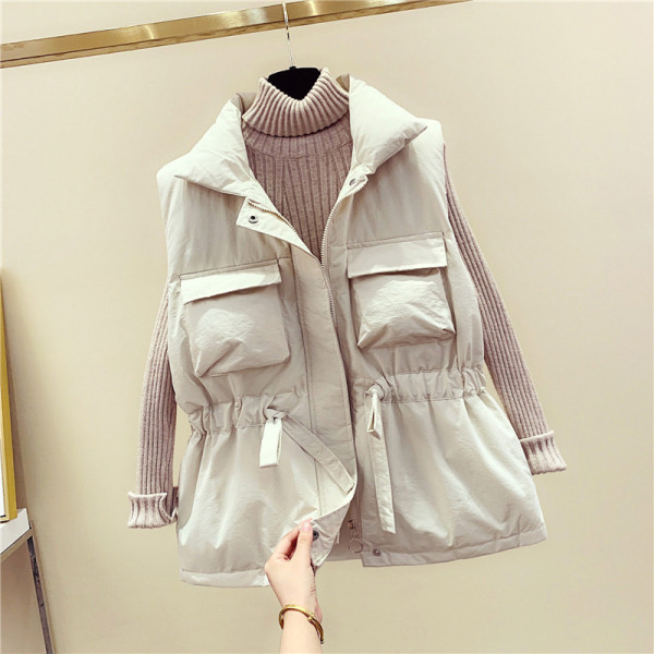 Női alkalmi mellény zsebekkel és derékkötővel, kék, narancssárga, fekete és fehér színben