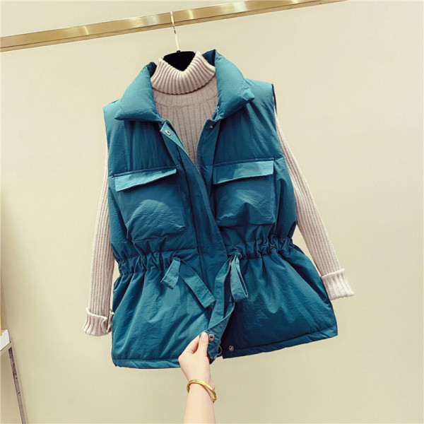 Női alkalmi mellény zsebekkel és derékkötővel, kék, narancssárga, fekete és fehér színben