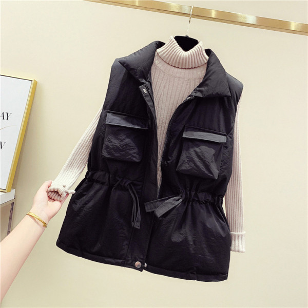 Női alkalmi mellény zsebekkel és derékkötővel, kék, narancssárga, fekete és fehér színben