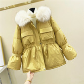 Geaca de iarna de dama cu cravata in talie in negru, alb, roz si galben