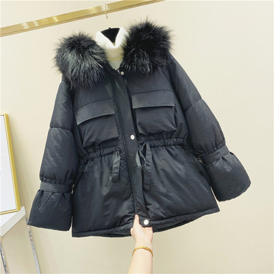 Geaca de iarna de dama cu cravata in talie in negru, alb, roz si galben