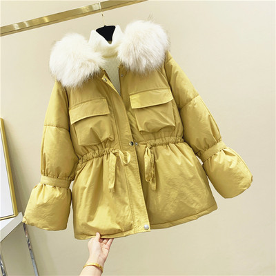 Geaca de iarna de dama cu cravata in talie in negru, alb, roz si galben