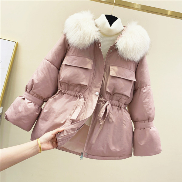 Geaca de iarna de dama cu cravata in talie in negru, alb, roz si galben