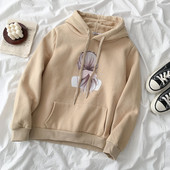 Nappali női pulóver bézs színben, rátéttel és kapucnival