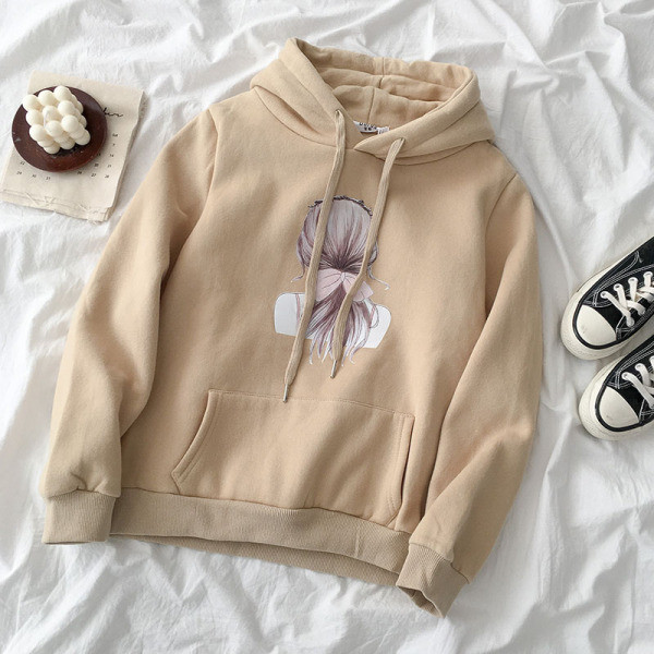 Nappali női pulóver bézs színben, rátéttel és kapucnival