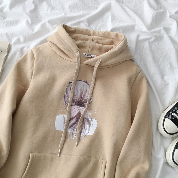 Nappali női pulóver bézs színben, rátéttel és kapucnival