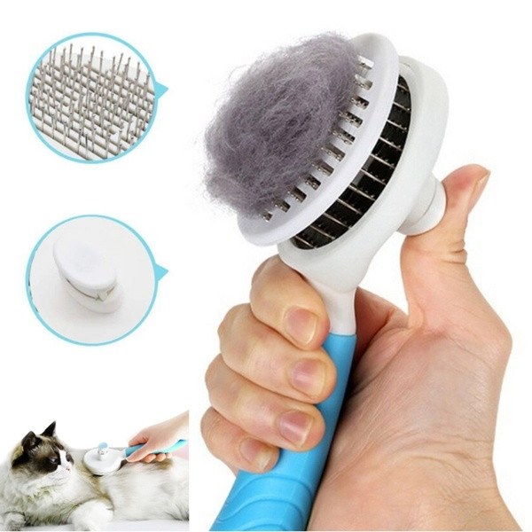 Comb for combing pets with a button for easy hair removal in blue