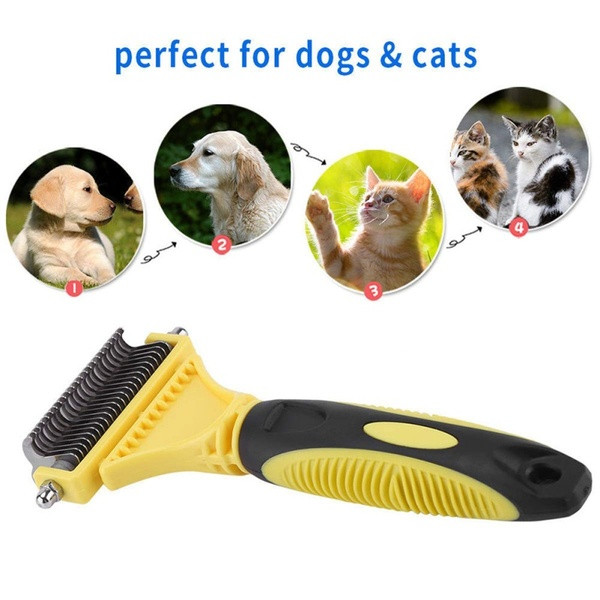 Two-sided tool for removing pet hair in yellow