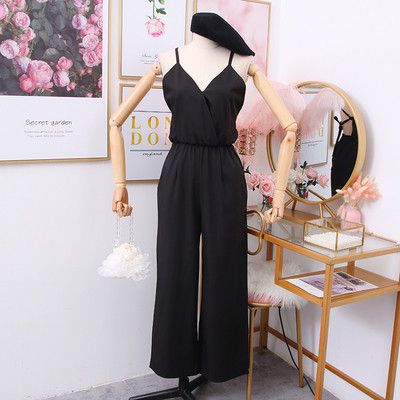 Modern női jumpsuit spitz nyakkivágással és csupasz háttal piros, kék, sárga és fekete színekben