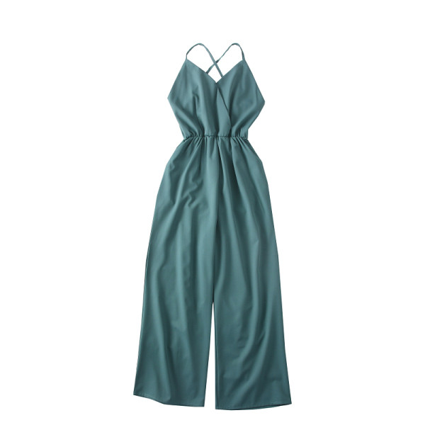 Modern női jumpsuit spitz nyakkivágással és csupasz háttal piros, kék, sárga és fekete színekben