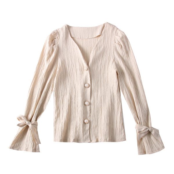 Camasa de dama model nou cu decolteu spitz, nasturi si panglici in negru si bej