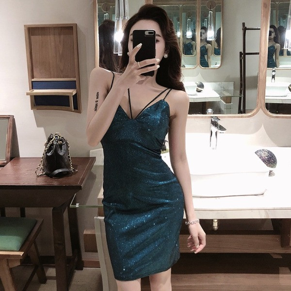 Rochie elegantă de damă, cu bretele subțiri și decolteu spitz în albastru și negru