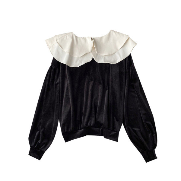 Női blúz barna és fekete színben, kerek nyakkivágással és hosszú ujjal