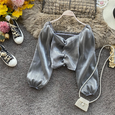 Női sifon blúz rózsaszín, szürke és fehér színben, gombokkal és széles ujjakkal