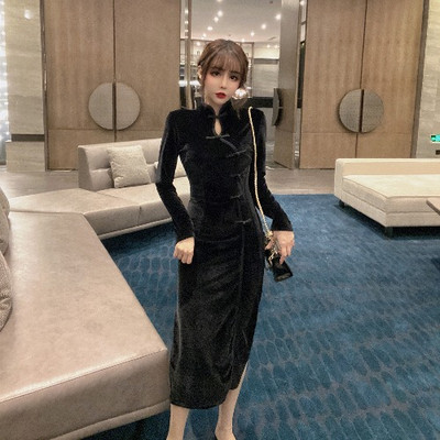 Modern női hosszú ruha hasítékkal, hosszú ujjú zöld és fekete színben