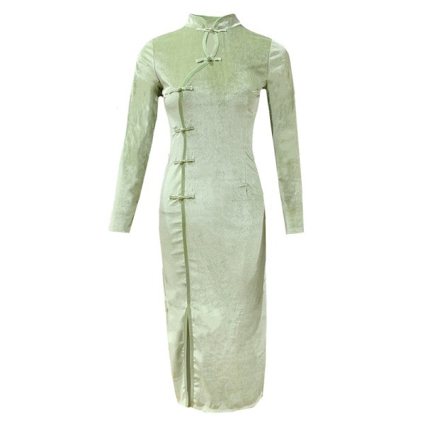 Modern női hosszú ruha hasítékkal, hosszú ujjú zöld és fekete színben