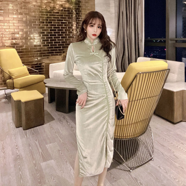 Modern női hosszú ruha hasítékkal, hosszú ujjú zöld és fekete színben