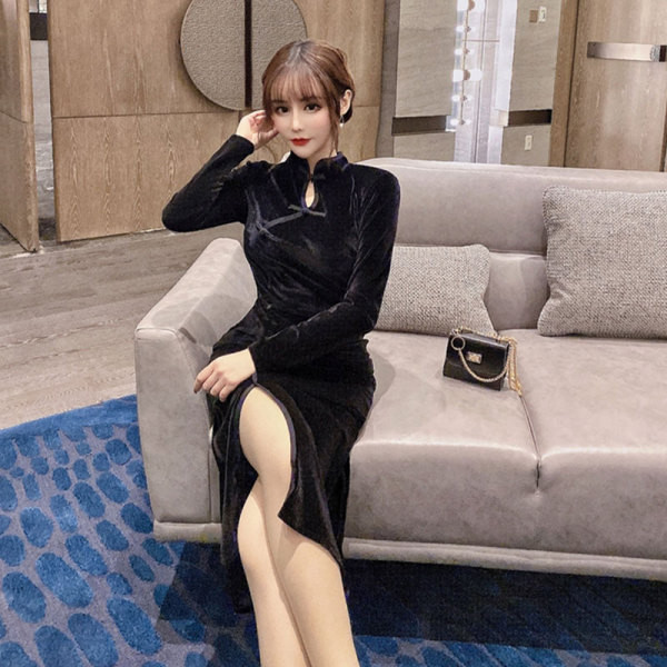 Modern női hosszú ruha hasítékkal, hosszú ujjú zöld és fekete színben