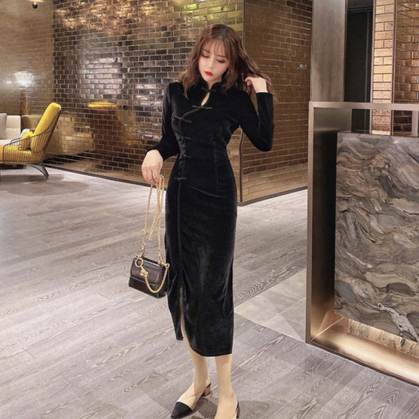 Modern női hosszú ruha hasítékkal, hosszú ujjú zöld és fekete színben