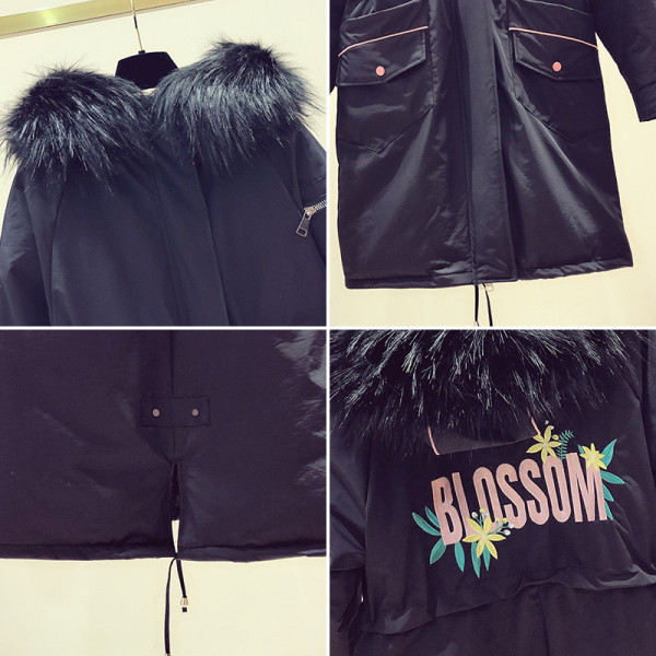 Aktuális női hosszú modell dzseki színes hímzéssel, kapucnival, fekete színben