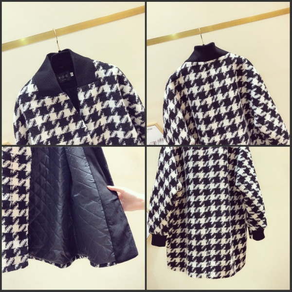 Női kockás kabát spitz nyakkivágással, fekete-fehér színben
