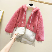 Jachetă de iarnă de puf de damă cu glugă în albastru, roz și verde