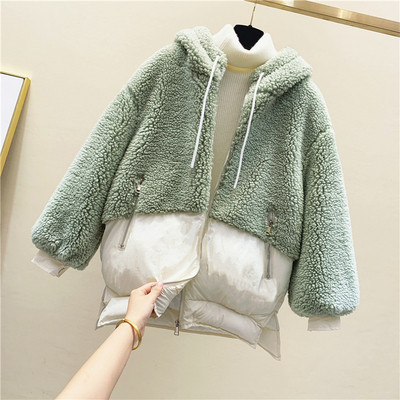 Jachetă de iarnă de puf de damă cu glugă în albastru, roz și verde