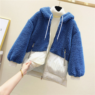 Jachetă de iarnă de puf de damă cu glugă în albastru, roz și verde