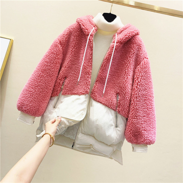 Jachetă de iarnă de puf de damă cu glugă în albastru, roz și verde