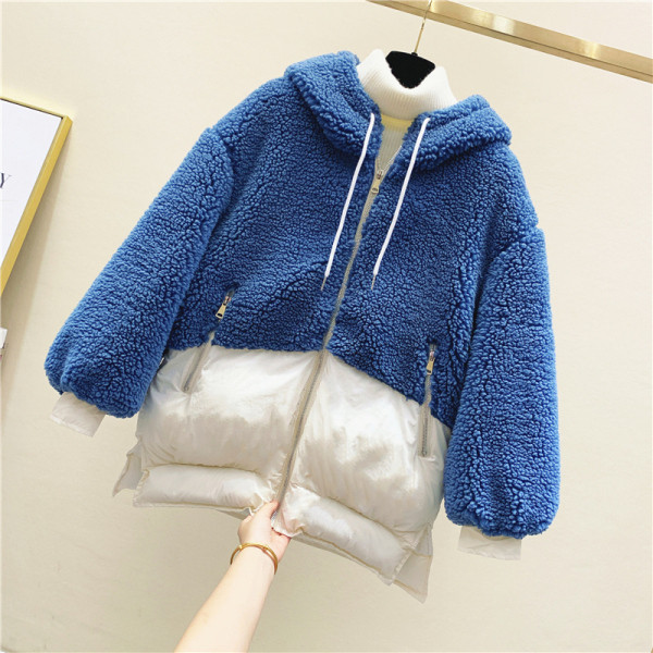 Jachetă de iarnă de puf de damă cu glugă în albastru, roz și verde