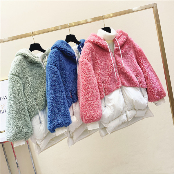 Jachetă de iarnă de puf de damă cu glugă în albastru, roz și verde