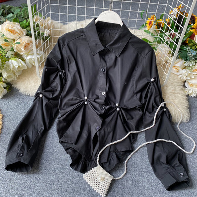 Camasa de dama model nou cu guler clasic si nasturi model asimetric alb-negru