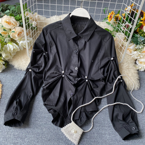 Camasa de dama model nou cu guler clasic si nasturi model asimetric alb-negru