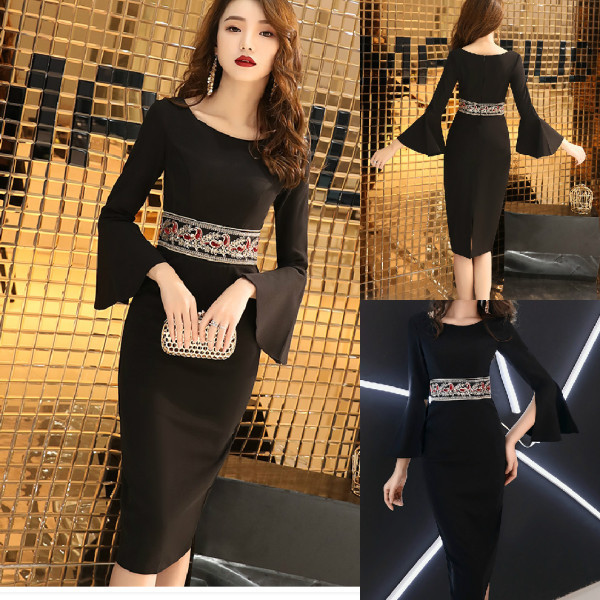 Modern női ruha hímzéssel és lótusz ujjú fekete színben