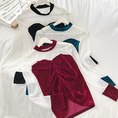 Modern női bársony blúz fekete, piros és kék színben, hosszú ujjal