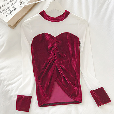 Modern női bársony blúz fekete, piros és kék színben, hosszú ujjal