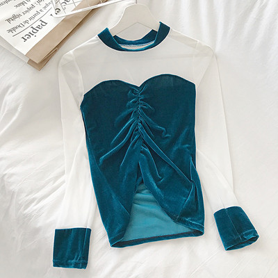 Modern női bársony blúz fekete, piros és kék színben, hosszú ujjal