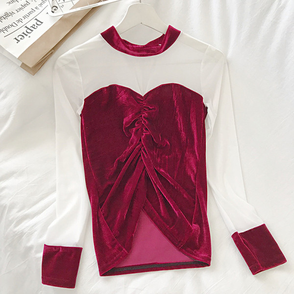 Modern női bársony blúz fekete, piros és kék színben, hosszú ujjal