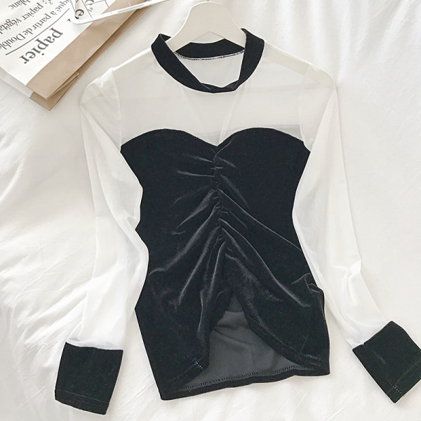 Modern női bársony blúz fekete, piros és kék színben, hosszú ujjal