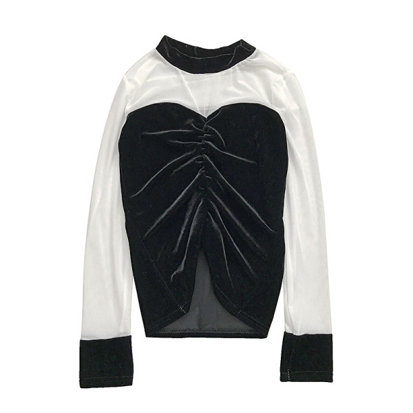 Modern női bársony blúz fekete, piros és kék színben, hosszú ujjal