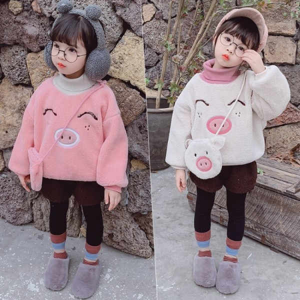 Gyerek alsó pulóver lányoknak fehér és rózsaszín színben pólógallérral és hímzéssel