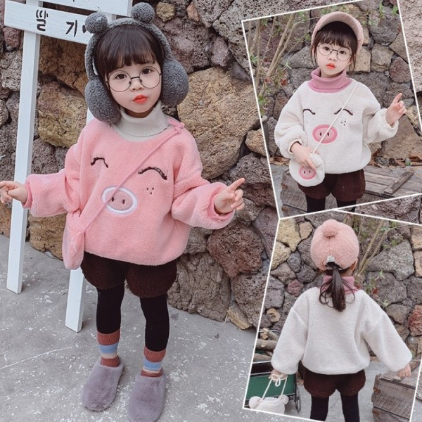 Gyerek alsó pulóver lányoknak fehér és rózsaszín színben pólógallérral és hímzéssel