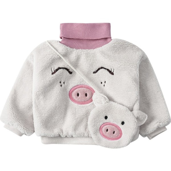 Παιδικό χνουδοτό πουλόβερ για  κορίτσια σε λευκό και ροζ χρώμα με κολάρο και κεντήματα