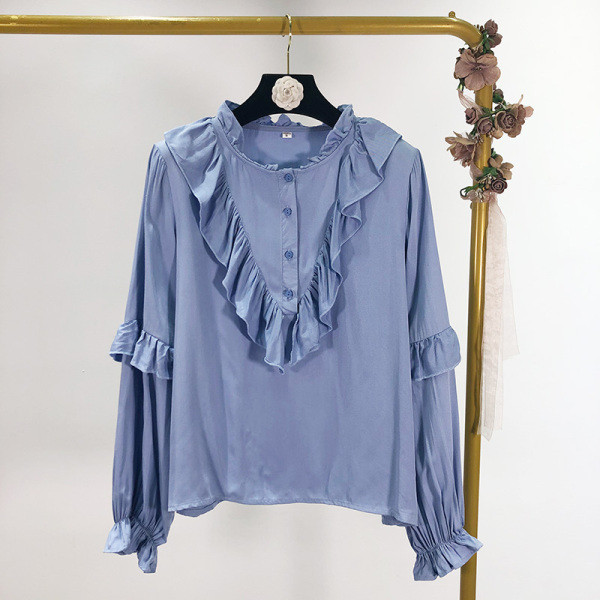 Γυναικεία πουκάμισο φαρδιά μοτίβο με βολάν και κουμπιά σε μπλε χρώμα