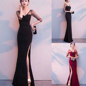 Rochie elegantă de damă nou model cu decolteu spitz, mâneci cu fante și sigiliu în negru și roșu