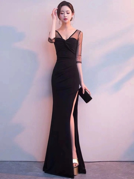 Rochie elegantă de damă nou model cu decolteu spitz, mâneci cu fante și sigiliu în negru și roșu