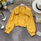 Retro stílusú női blúz hat színben, négyzet alakú nyakkivágással és széles ujjakkal