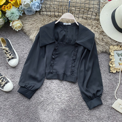 Retro stílusú női blúz hat színben, négyzet alakú nyakkivágással és széles ujjakkal